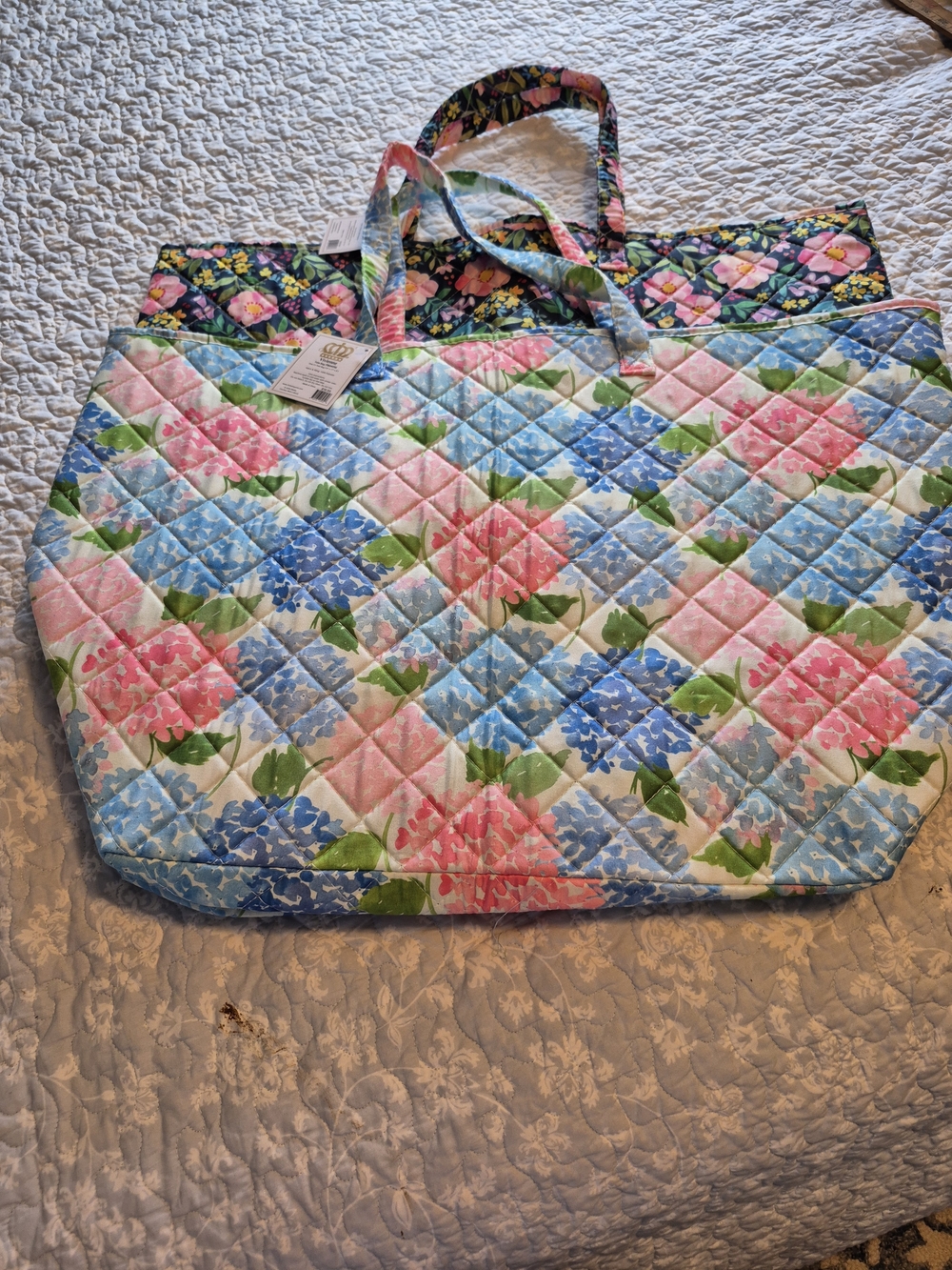 Bundle Of 2 Quilted Floral Tote Bag - Pink, Blue & Green